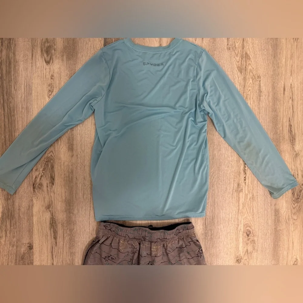 Spyder Blue Long Sleeve Swim Shirt and Shark Patterned  Bathing suit Shorts Set